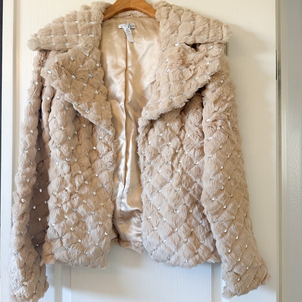 Cache rabbit fur embellished jacket coat EUC tan beige bling medium.